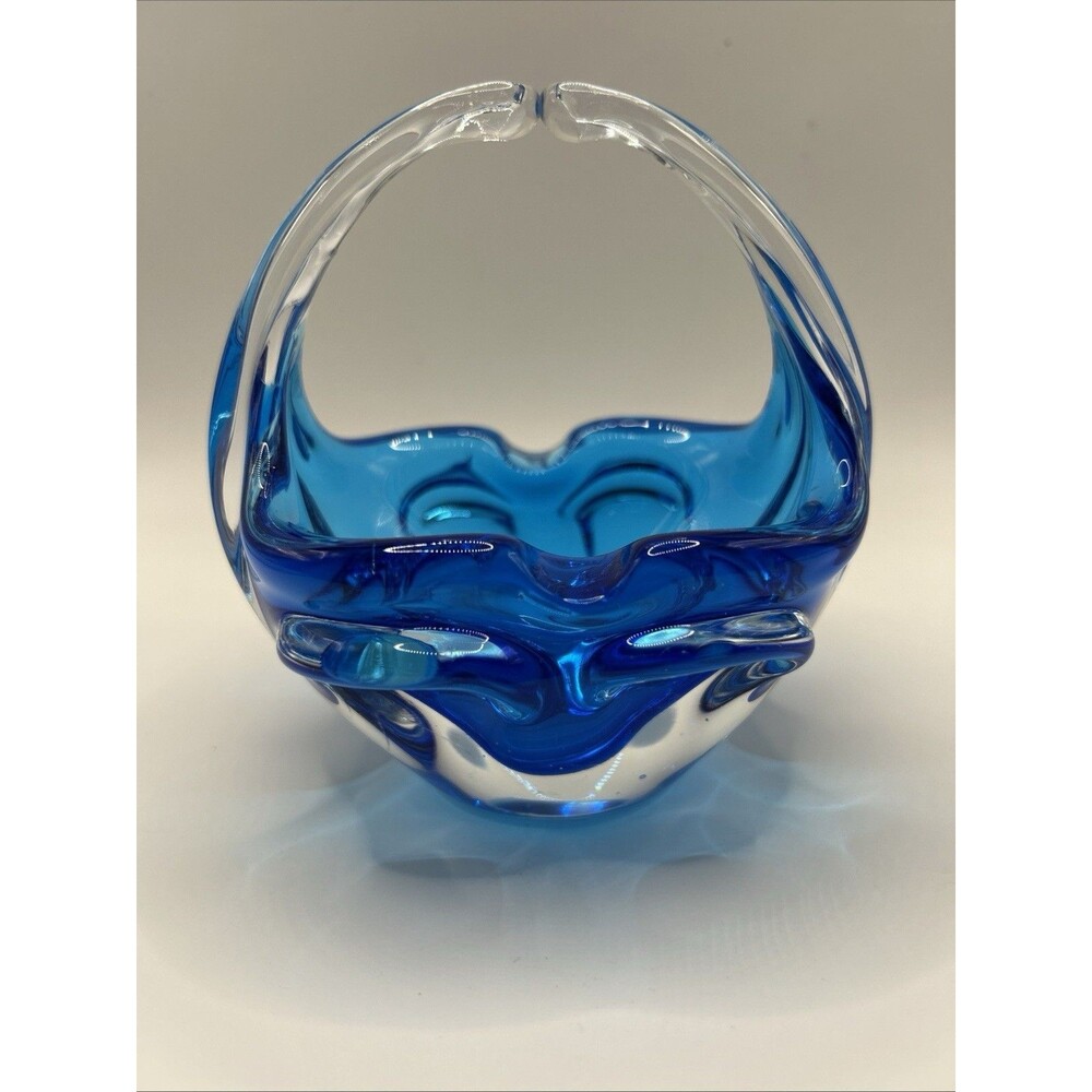 Vintage Murano Blue art glass Ashtray- Candy basket Stretch Handle MCM Retro